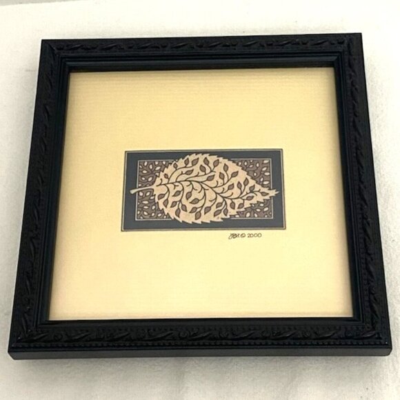 Leaf Wall Art Ink? Matted & Framed w/ Glass Signed JBH? Dated 2000 Brown Black - Picture 1 of 4
